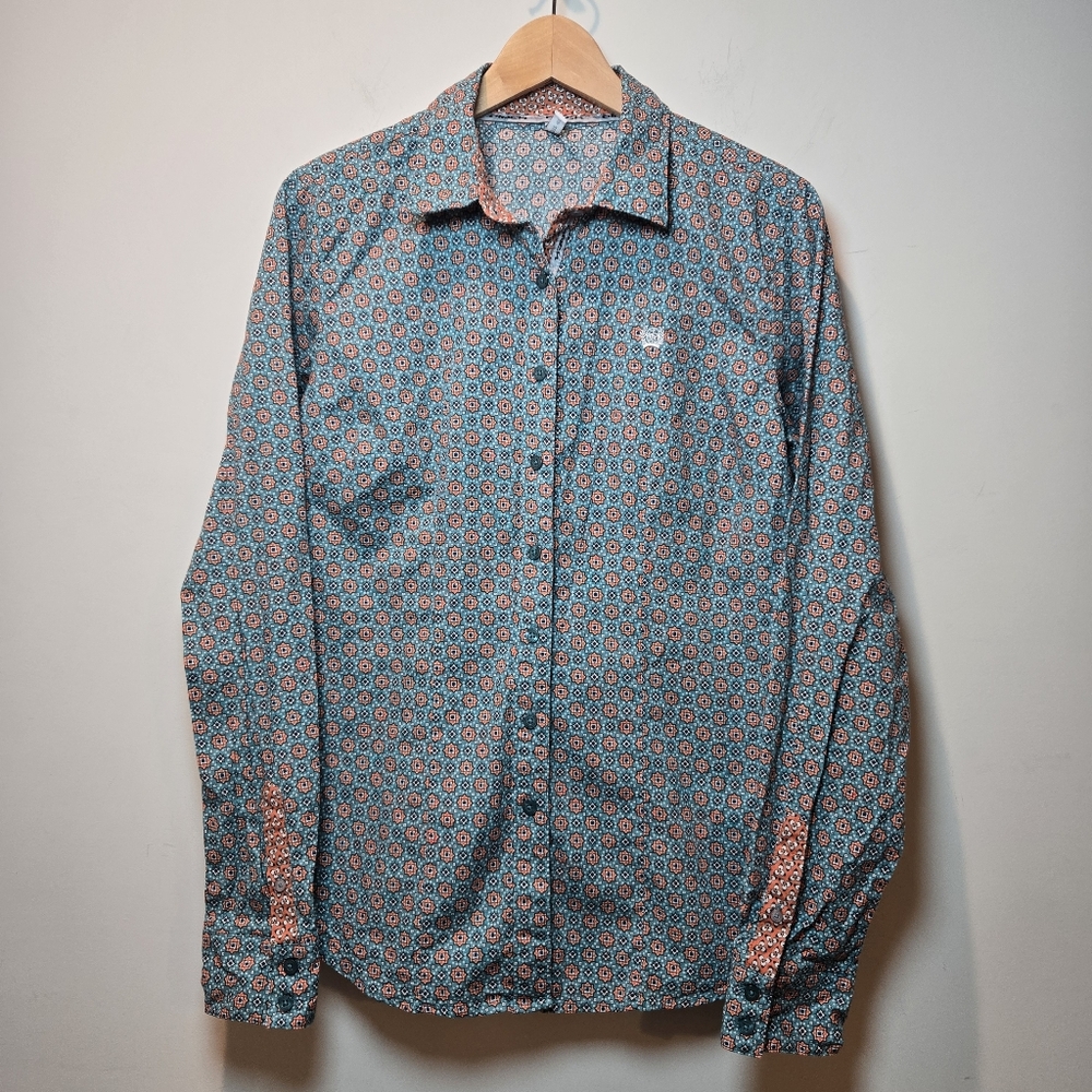 Cinch Shirt Large Green Medallion Women's Western Riding Show Button Down